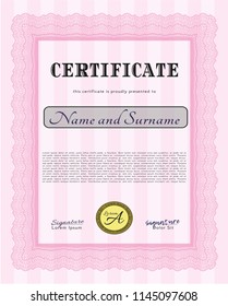 Pink Diploma template or certificate template. With guilloche pattern and background. Detailed. Good design. 