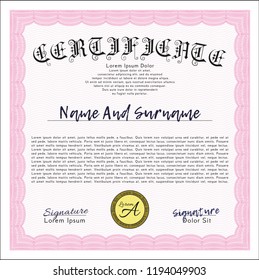 Pink Diploma template or certificate template. With guilloche pattern. Detailed. Superior design. 