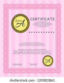Pink Diploma template or certificate template. With guilloche pattern and background. Detailed. Money Pattern design. 