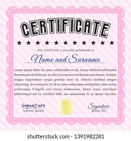 Pink Diploma template or certificate template. With guilloche pattern and background. Beauty design. Detailed. 