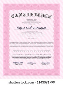 Pink Diploma template or certificate template. With linear background. Detailed. Perfect design. 