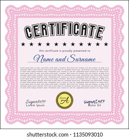 Pink Diploma template or certificate template. Modern design. With guilloche pattern and background. Detailed. 