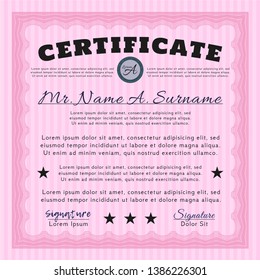 Pink Diploma template or certificate template. Modern design. Detailed. With complex linear background. 