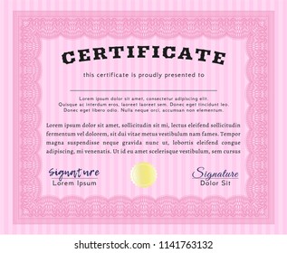 Pink Diploma template or certificate template. Money design. Easy to print. Vector illustration. 