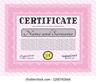 Pink Diploma template or certificate template. Money Pattern. Detailed. With guilloche pattern and background. 