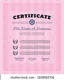Pink Diploma template or certificate template.  Money Pattern design.  With linear background.  Detailed. 
