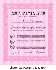 Pink Diploma template or certificate template. Money design. With complex linear background. Detailed. 