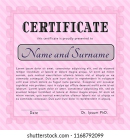 Pink Diploma template or certificate template. Perfect design. Vector illustration. With background. 