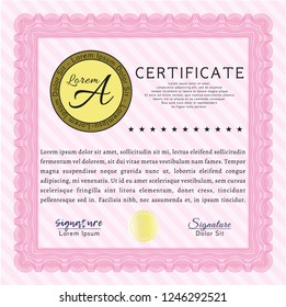 Pink Diploma template or certificate template. Printer friendly. Vector illustration. Lovely design. 