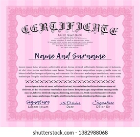 Pink Diploma template or certificate template. Printer friendly. Customizable, Easy to edit and change colors. Cordial design. 