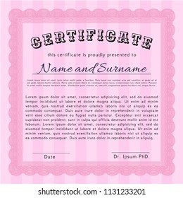 Pink Diploma template or certificate template. With quality background. Money Pattern design. Detailed. 