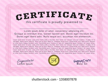 Pink Diploma template or certificate template. With quality background. Detailed. Money Pattern design. 