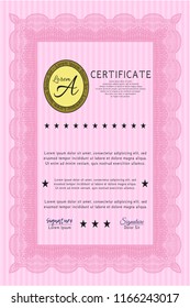 Pink Diploma template or certificate template. Sophisticated design. Vector illustration. With complex linear background. 