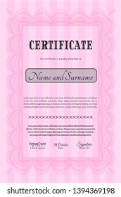 Pink Diploma template or certificate template. Sophisticated design. Easy to print. Vector illustration. 