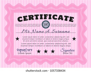 Pink Diploma template or certificate template. Vector illustration. With complex background. Retro design. 