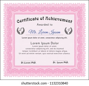 Pink Diploma template or certificate template. Vector illustration. With complex linear background. Elegant design. 