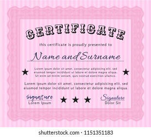 Pink Diploma template or certificate template. Vector illustration. With guilloche pattern. Excellent design. 