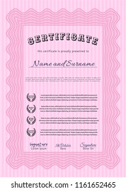 Pink Diploma template or certificate template. Vector illustration. Easy to print. Retro design. 