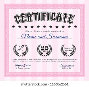Pink Diploma template or certificate template. Vector illustration. Easy to print. Sophisticated design. 