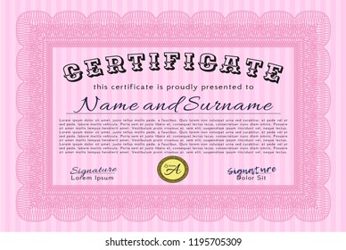 Pink Diploma template or certificate template. Vector illustration. With great quality guilloche pattern. Artistry design. 
