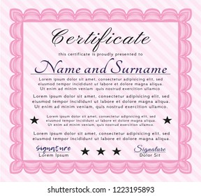 Pink Diploma template or certificate template. Vector illustration. With guilloche pattern. Money Pattern design. 