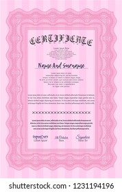 Pink Diploma template or certificate template. Vector illustration. With great quality guilloche pattern. Lovely design. 