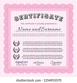 Pink Diploma template or certificate template. Vector illustration. Complex background. Superior design. 