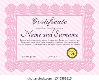 Pink Diploma template or certificate template. Vector illustration. With linear background. Artistry design. 