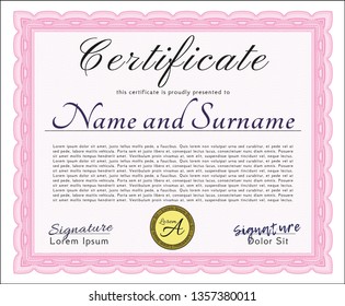 Pink Diploma template or certificate template. Vector illustration. With background. Superior design. 