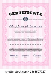 Pink Diploma template or certificate template. Vector illustration. With complex background. Superior design. 