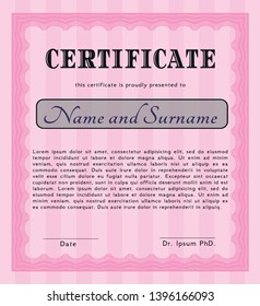 Pink Diploma template or certificate template. Vector illustration. With guilloche pattern. Beauty design. 