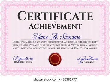 Pink Diploma template or certificate template. Vector pattern that is used in money and certificate. With quality background. Beauty design. 