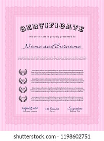Pink Diploma template. With complex background. Detailed. Money Pattern. 