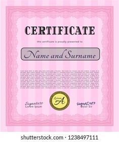 Pink Diploma template. With complex background. Detailed. Lovely design. 