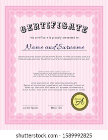 Pink Diploma template. With complex background. Customizable, Easy to edit and change colors. Elegant design. 