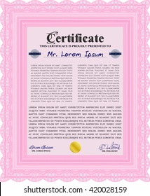 Pink Diploma template. With complex background. Excellent design. Vector illustration. 