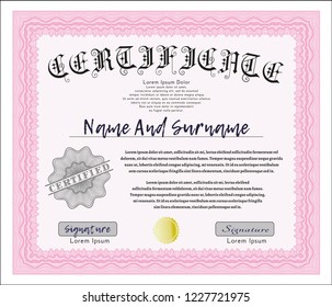 Pink Diploma template. With complex linear background. Vector illustration. Money Pattern design. 