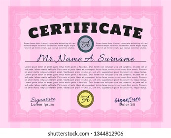 Pink Diploma template. With complex linear background. Detailed. Lovely design. 