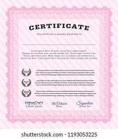 Pink Diploma template. Cordial design. With background. Vector illustration. 