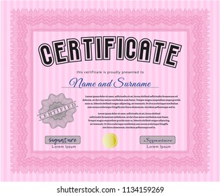 Pink Diploma template. Customizable, Easy to edit and change colors. Complex background. Perfect design. 