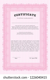 Pink Diploma template. Customizable, Easy to edit and change colors. With complex linear background. Cordial design. 