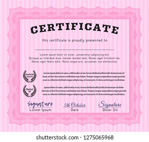Pink Diploma template. Customizable, Easy to edit and change colors. With complex background. Money style design. 