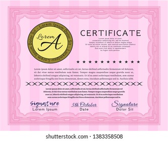 Pink Diploma template. Customizable, Easy to edit and change colors. With guilloche pattern. Excellent design. 