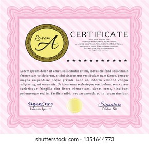 Pink Diploma template. Detailed. With complex background. Nice design. 