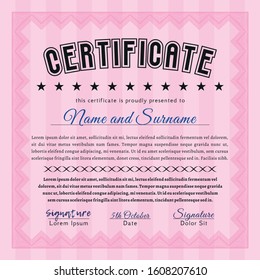 Pink Diploma template. Detailed. Complex background. Money Pattern design. 
