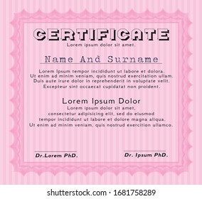 Pink Diploma template. Detailed. With complex background. Modern design. 