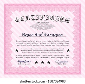 Pink Diploma template. Detailed. Easy to print. Artistry design. 