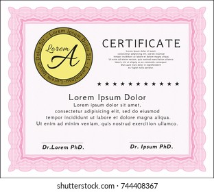 Pink Diploma template. Detailed. With linear background. Superior design. 