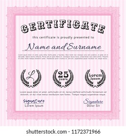 Pink Diploma template. Easy to print. Vector illustration. Cordial design. 