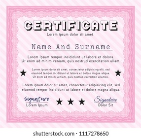 Pink Diploma template. Elegant design. With guilloche pattern and background. Detailed. 